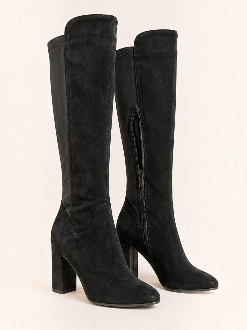 Wild Diva Blake-05 Knee High Foldable Block Heel Elastic Panel Black Boots - Picture 2 of 7
